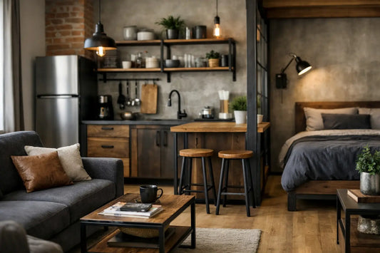 Apartamento compacto com móveis industriais