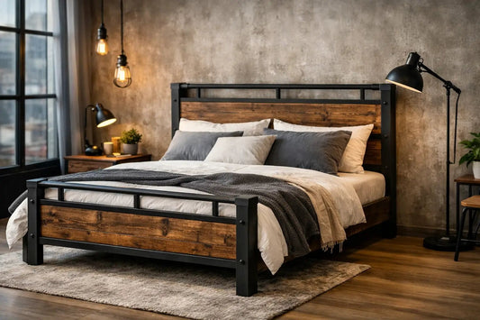 Cama industrial casal de madeira e metal - MetaloArt