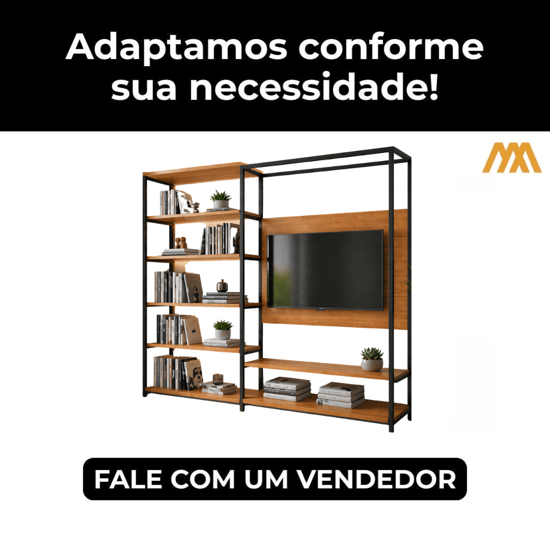 Adaptamos a Estante Rack para TV com Painel e Nichos Estilo Industrial Dubai - MetaloArt
