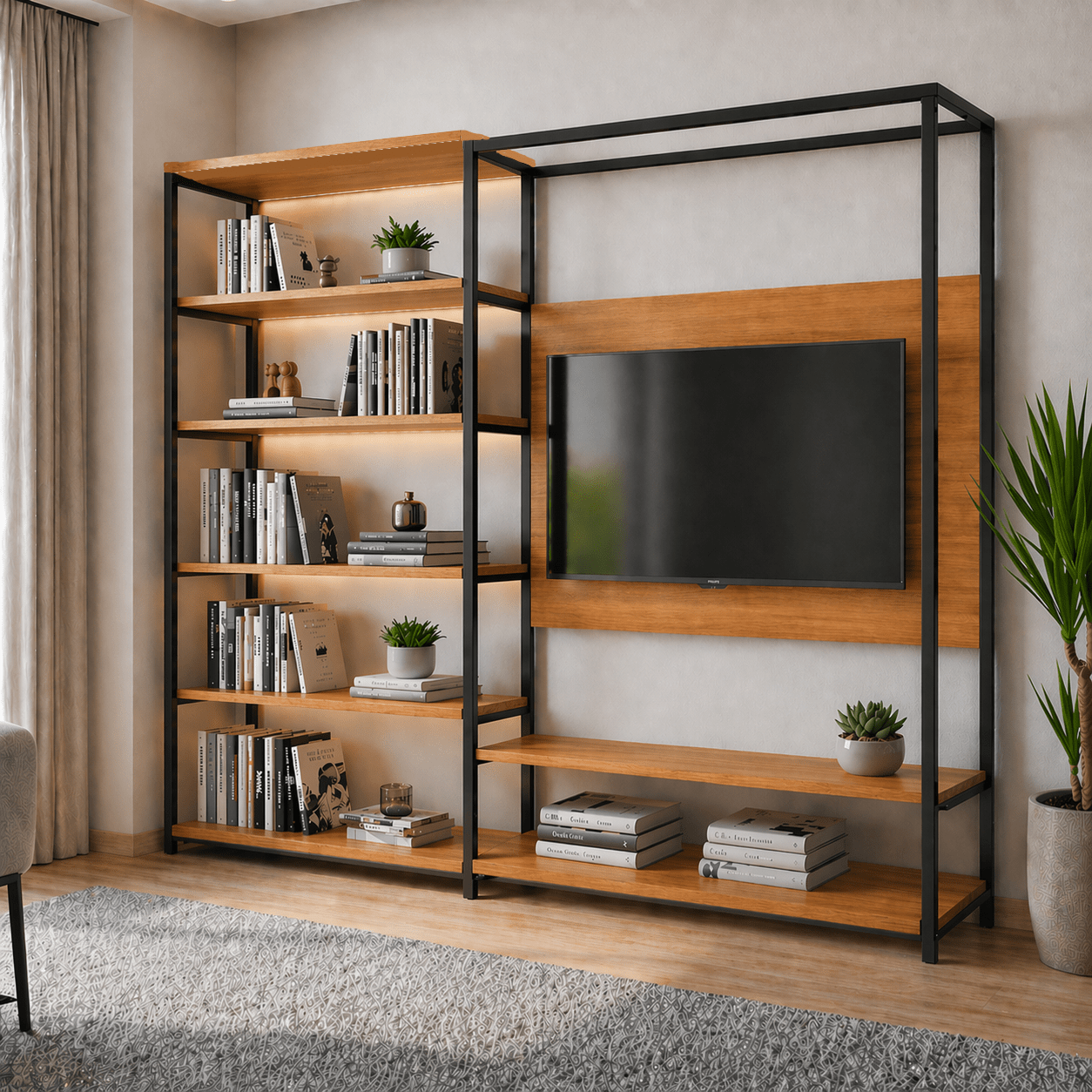 Foto em ambiente do Estante Rack para TV com Painel e Nichos Estilo Industrial Dubai - MetaloArt