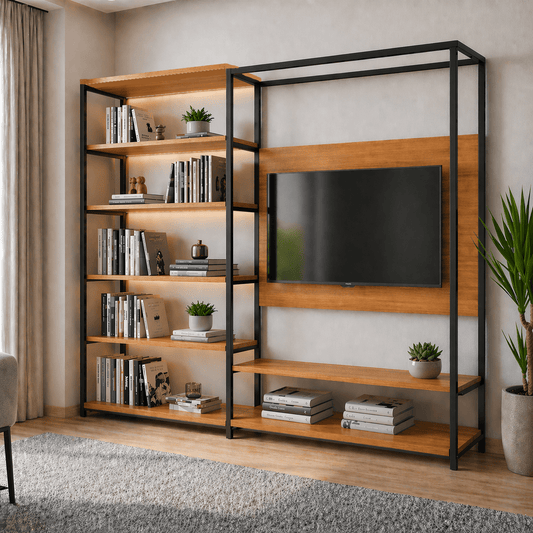 Estante Rack para TV com Painel e Nichos Estilo Industrial Dubai - MetaloArt